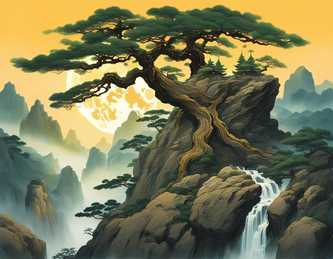 Pine Tree and Golden Moon: Romantic Watercolor Landscape