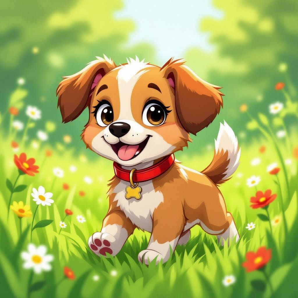 Cartoon Puppy in Anime Style Meadow Illustration