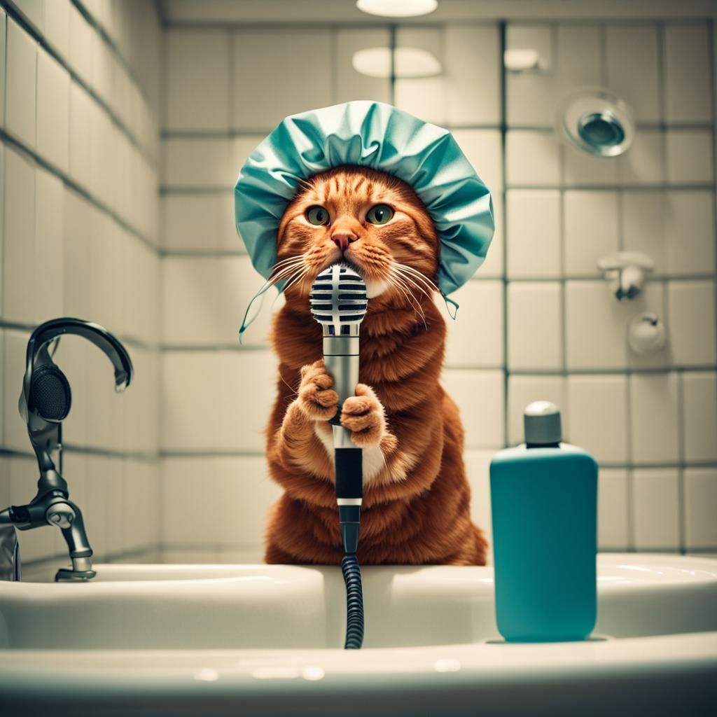 Humorous Red Cat Singing in Bathroom