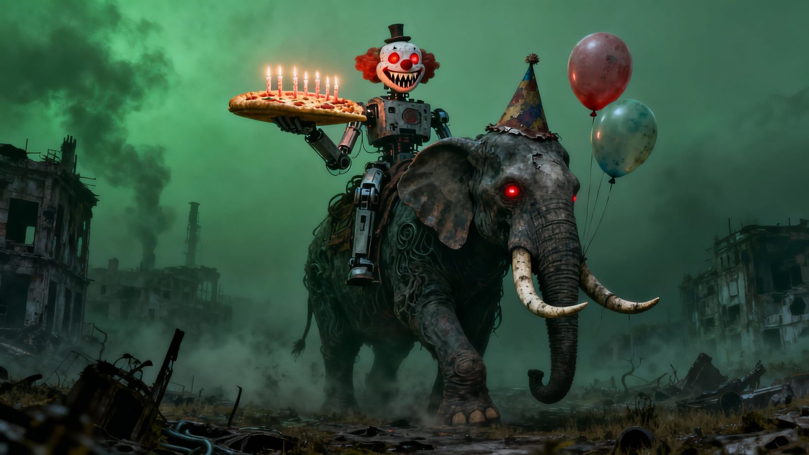 Gigantic Clown Robot Rides Mutant Elephant in Post-Apocalypt...