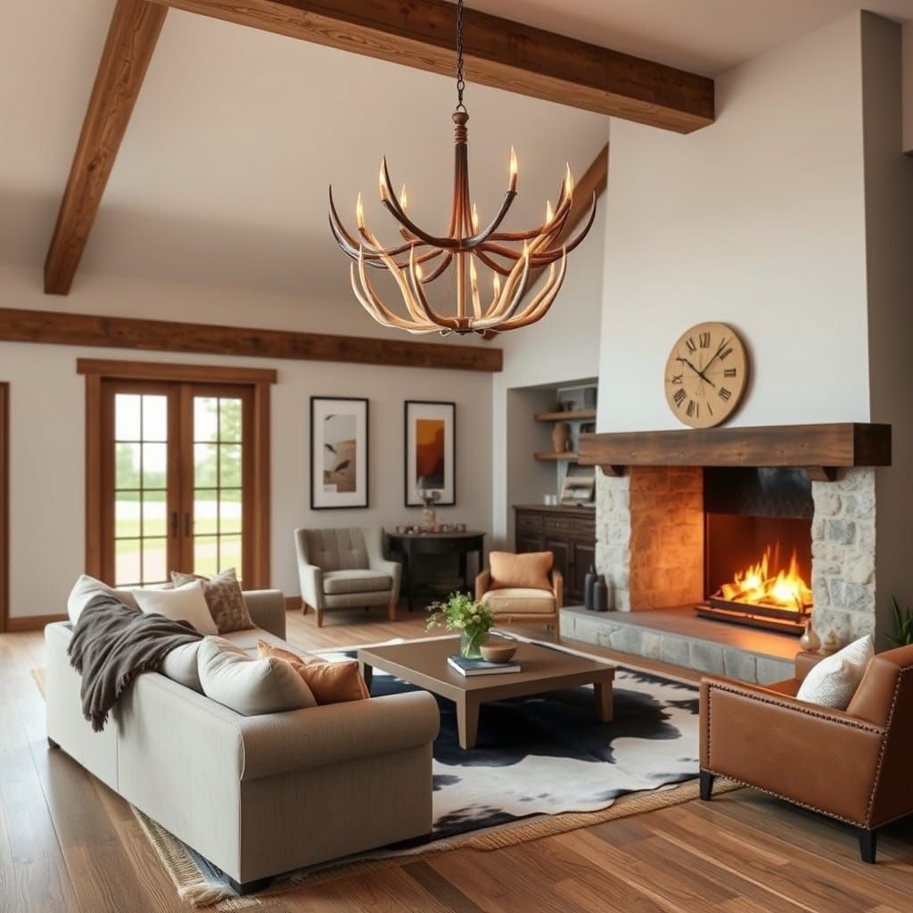 Cozy Farmhouse Lounge with Antler Chandelier and Fireplace