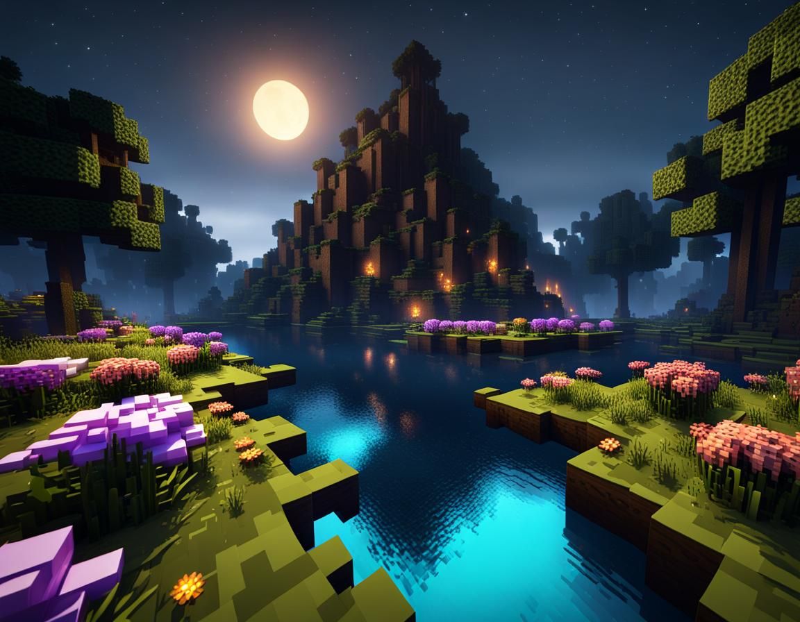 Minecraft,
ultra shading,
dark oak biome,
Minecraft blocks,
hyper-realistic Minecraft,
river,
flowers,
night time