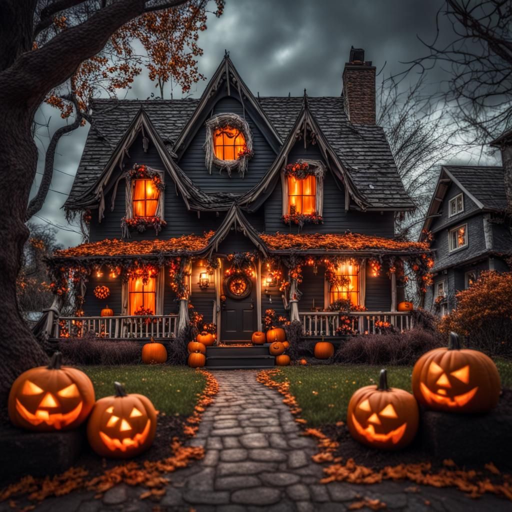 Halloween Decorated Cottage in Hyperrealistic Style