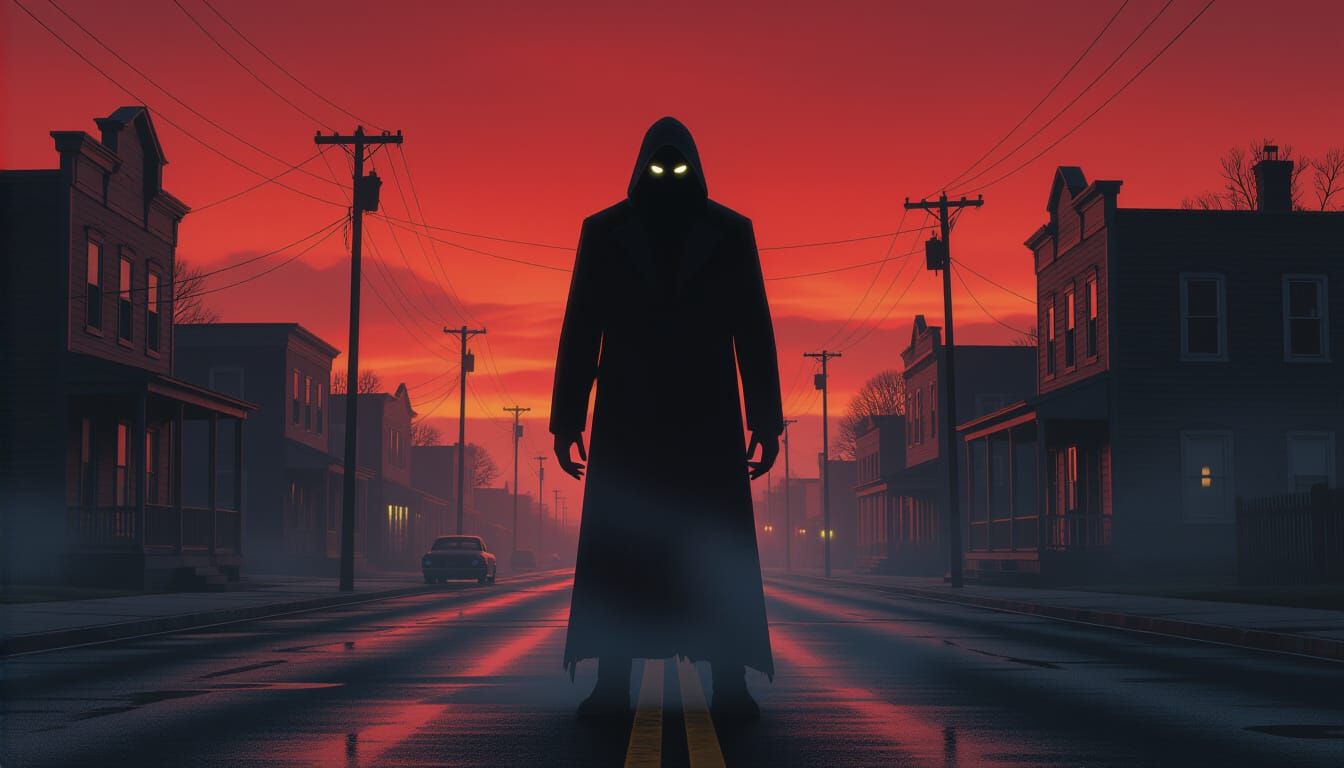 Dark Creature Silhouette in Foggy Small Town Street