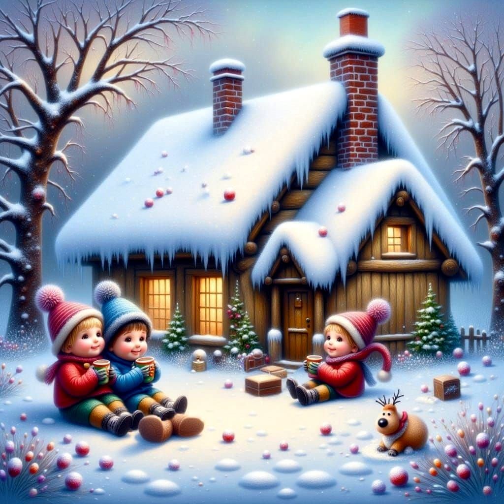 Snowy Cottage Scene with Children