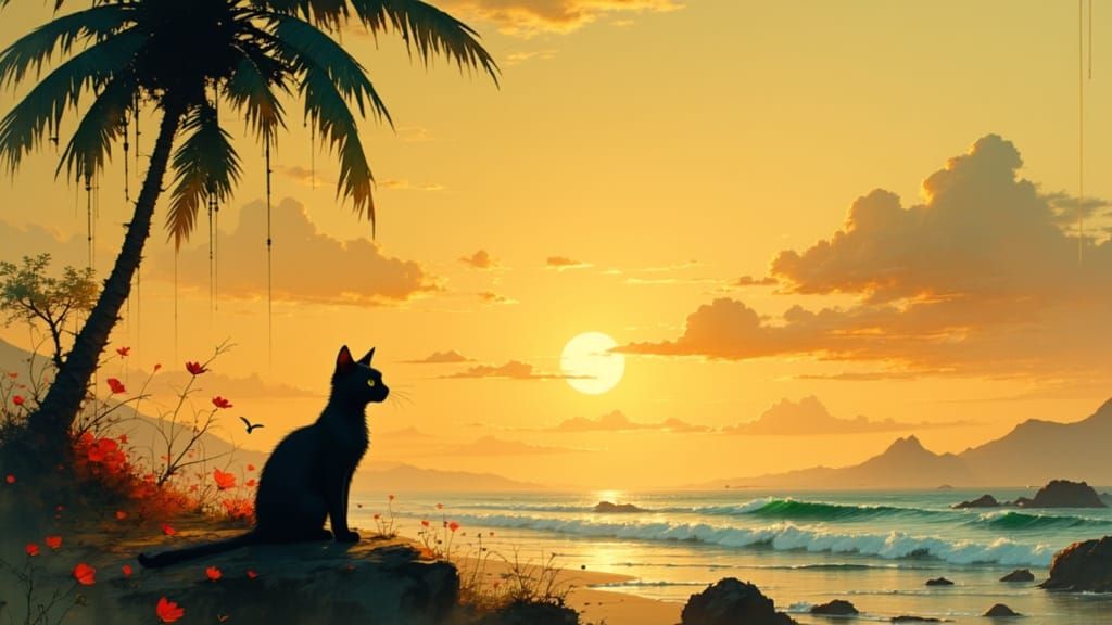 Cat Watching Sunset in Dreamy Style