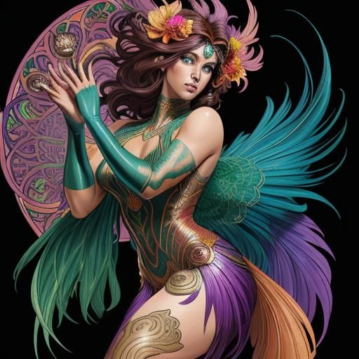 Exotic Mermaid with Peacock Tail in Comic Book Style