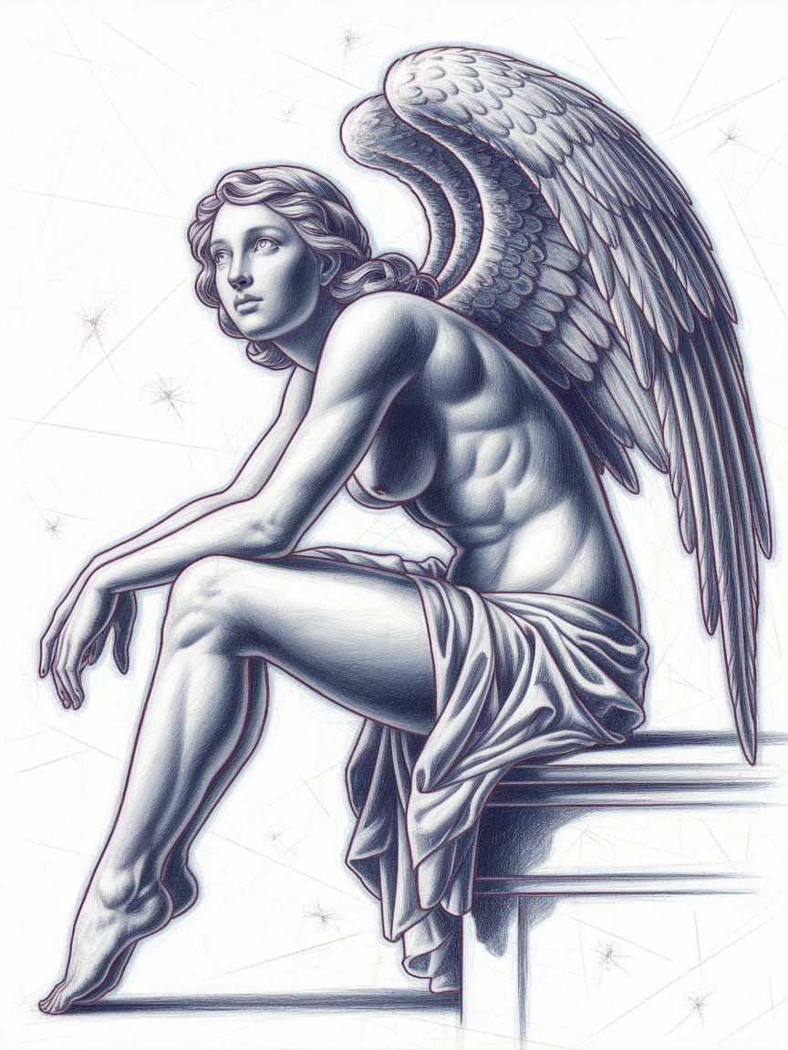 Realistic Angel Sketch in Blue and Magenta Tones