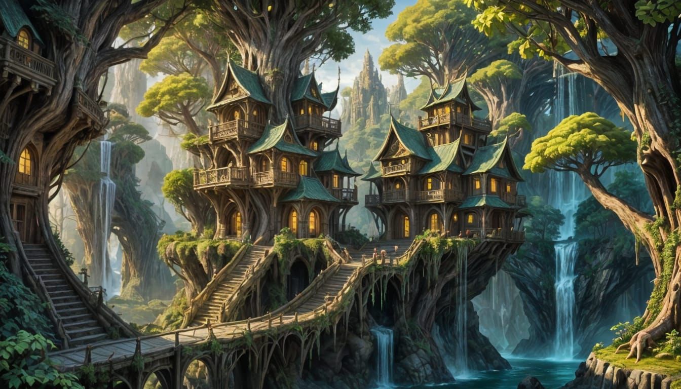 Majestic Ancient Treehouse City in Alien Forest
