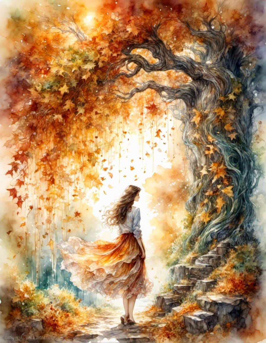 Person Amidst Autumn Leaves in Watercolor Style