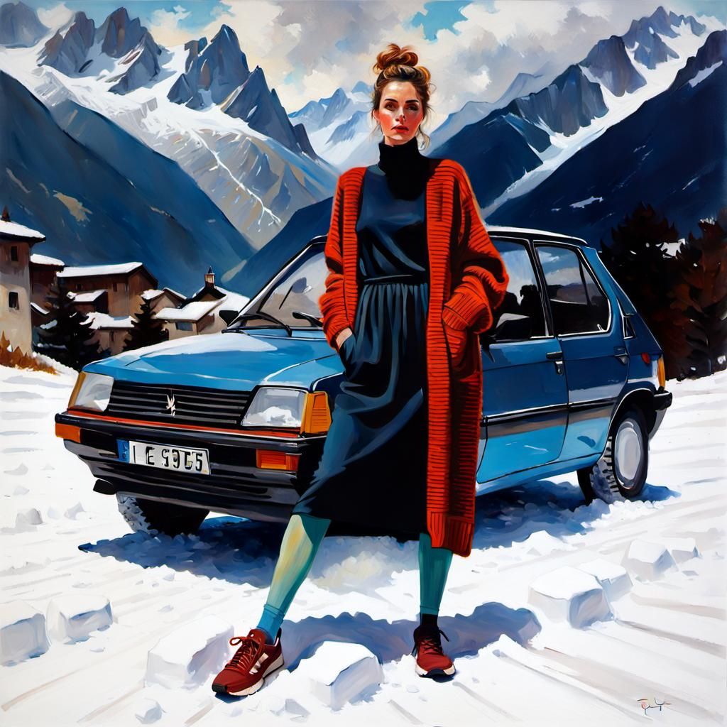 French Woman Posing with Peugeot in Snowy Alps