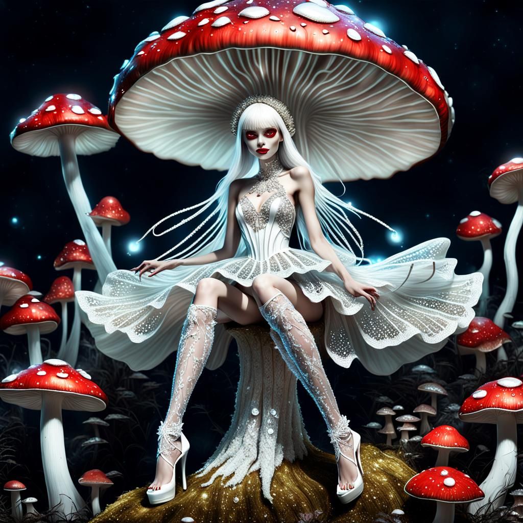 Alien Fairy on Bioluminescent Mushroom, Digital Illustration