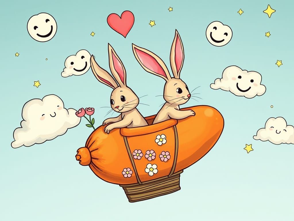 Rabbits Soar in a Whimsical Hot Air Balloon