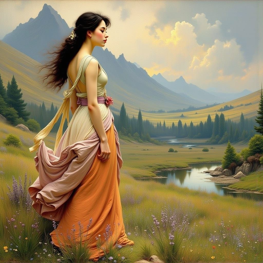 Elegant Woman in Landscape: Neoclassical Fantasy Art