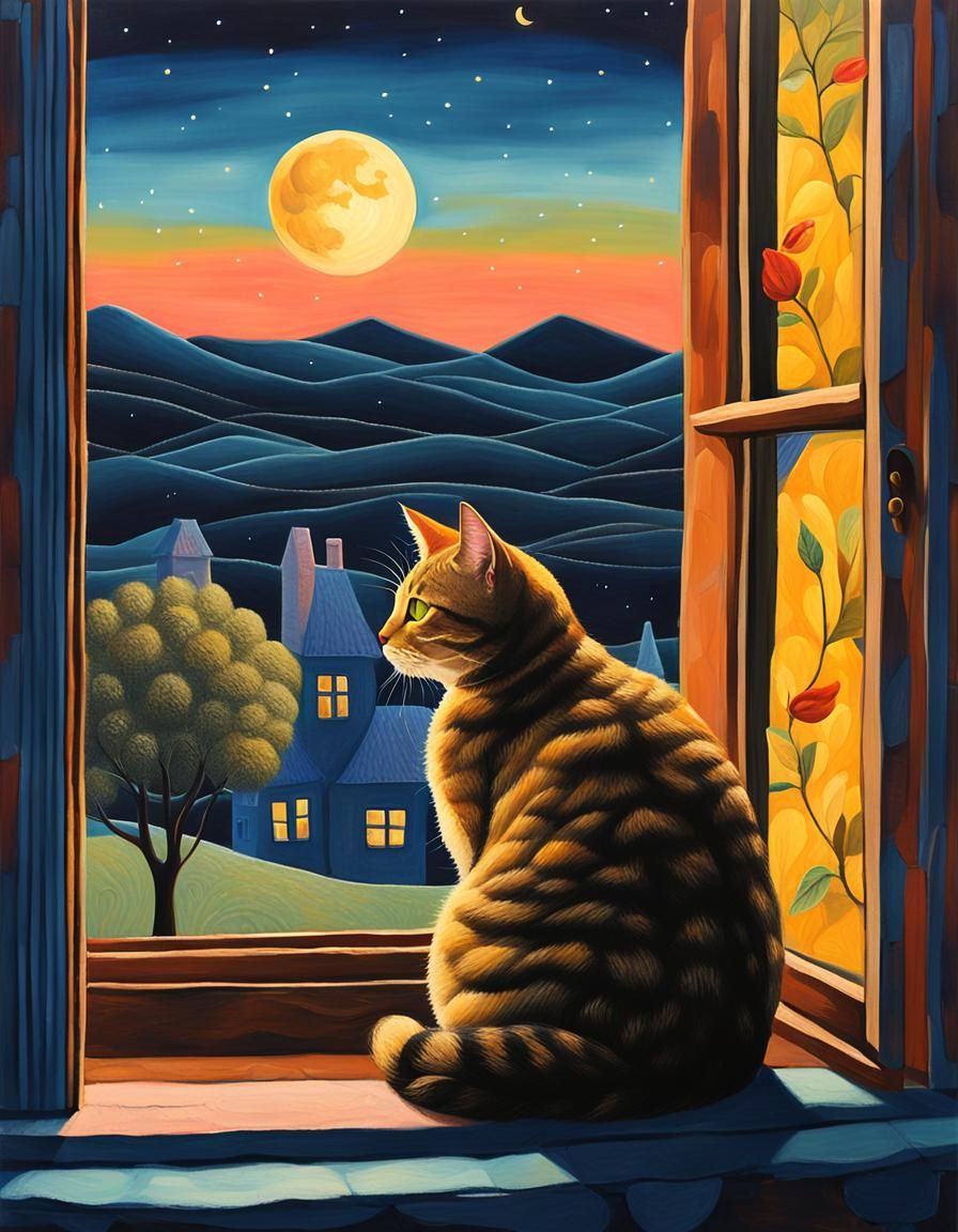Surreal Cat Gazing at Moonlit Landscape