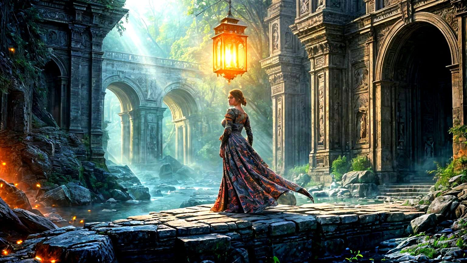 Woman on Stone Bridge with Ethereal Lantern
