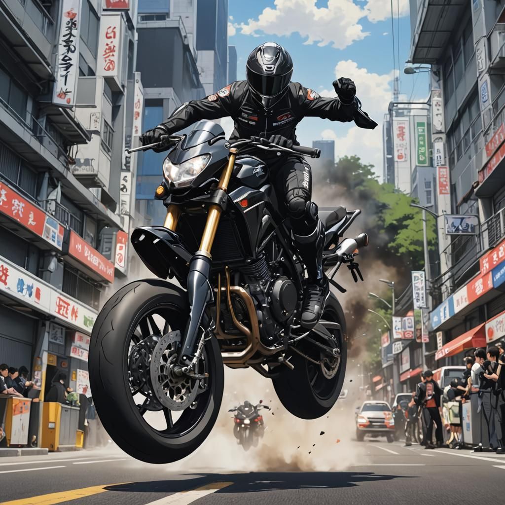 Black Superbike Wheelie in Anime Style