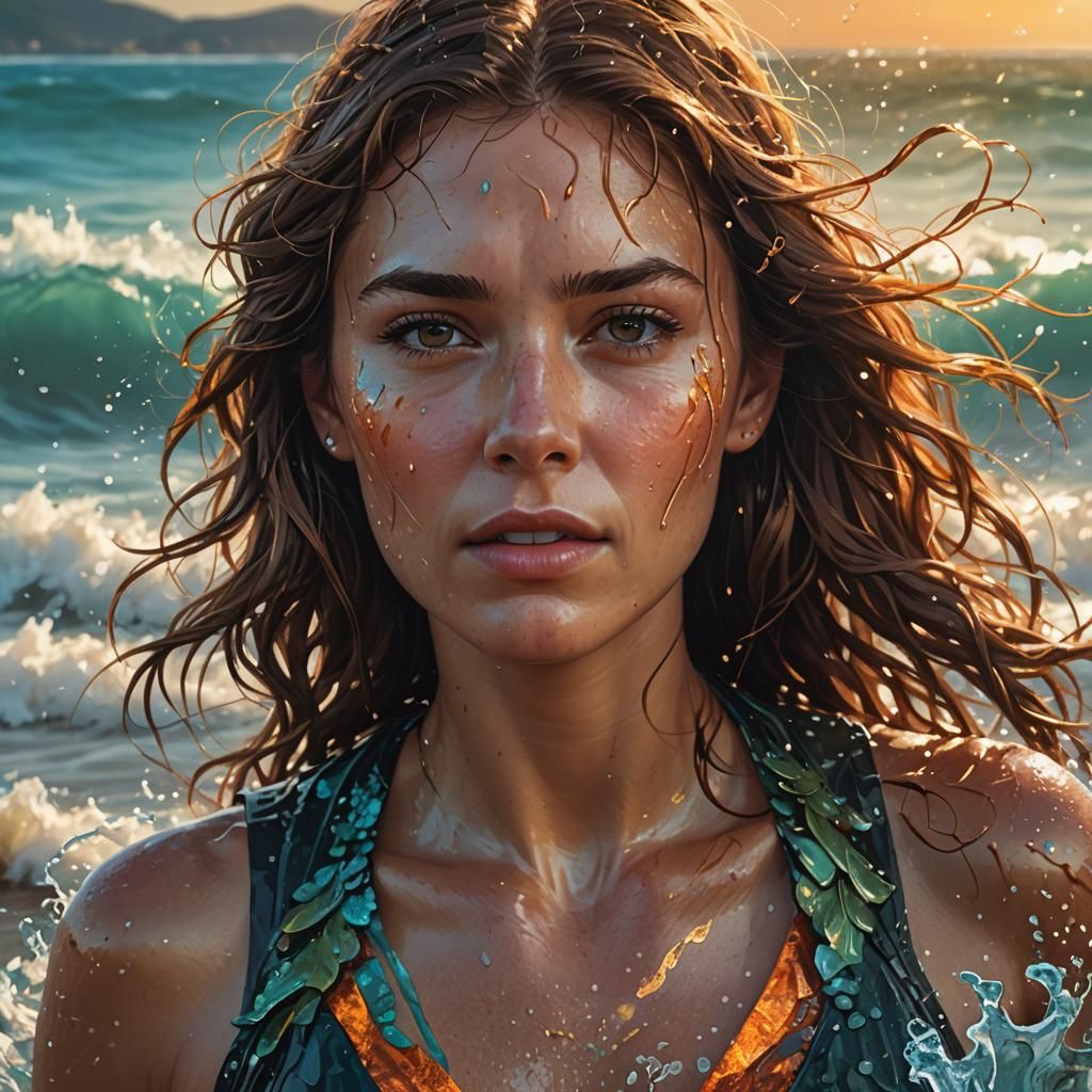 Woman Emerges from Sea in Hyperrealistic Style