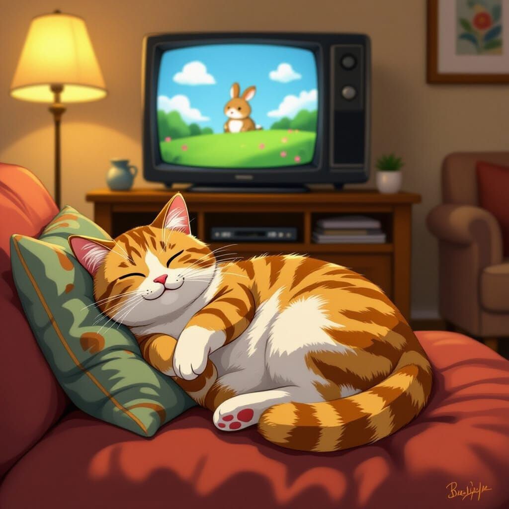 Cat Nap on Sofa in Magical Realism Style