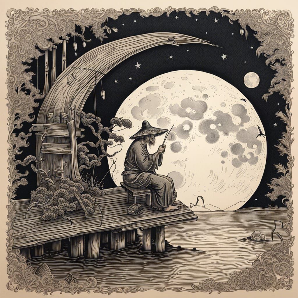 Hermit Fishing on the Moon in Black Ink