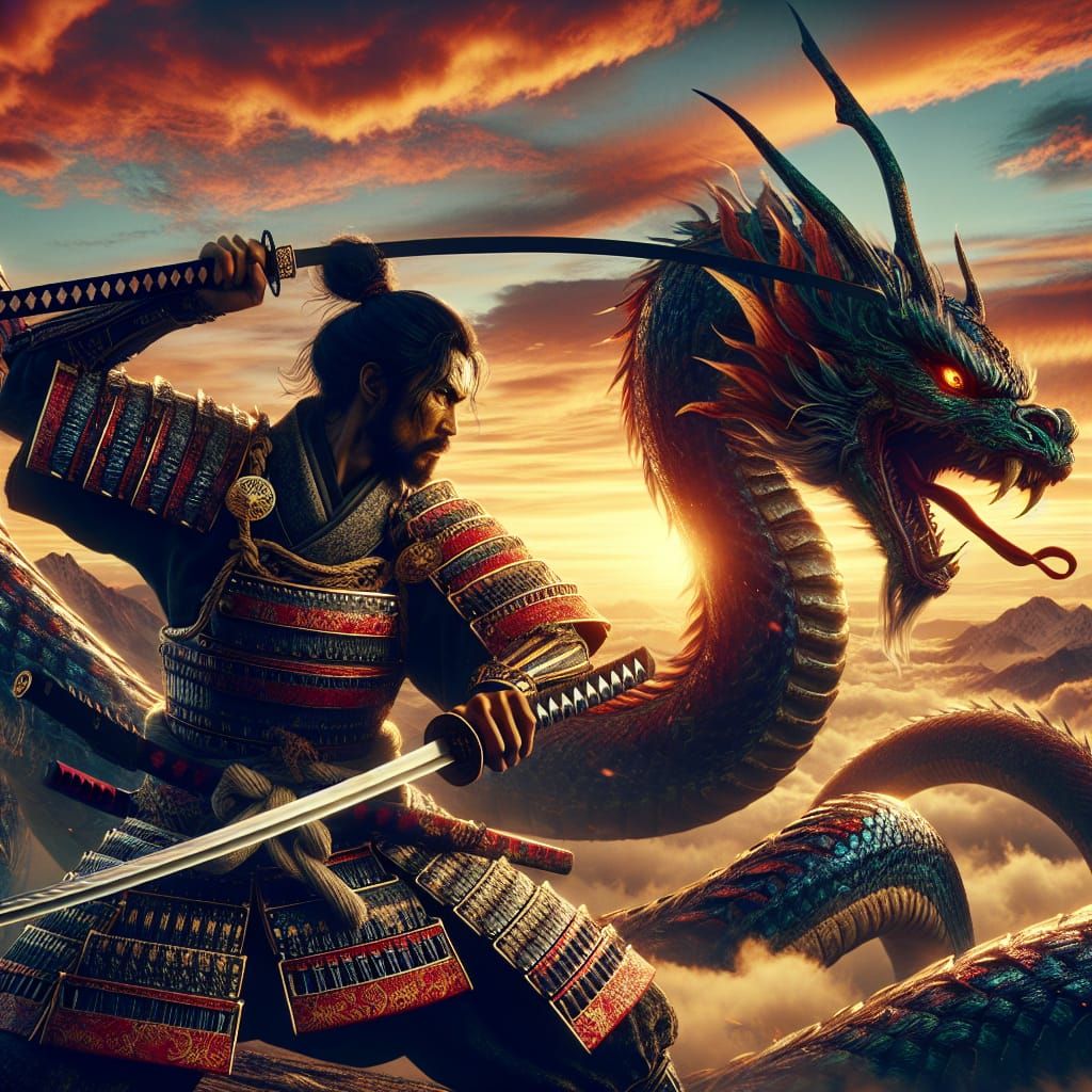 Samurai Battles Orochi Serpent in Digital Matte Painting