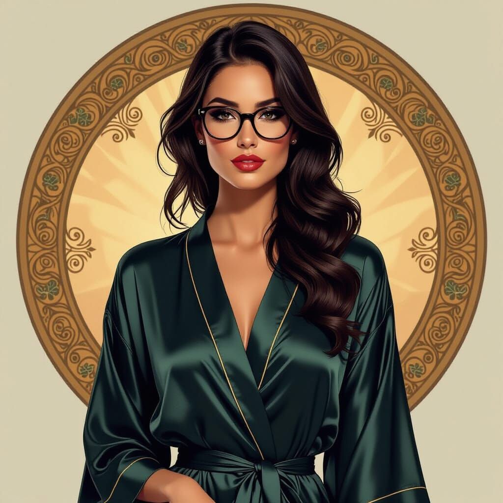 Elegant Woman in Silk Robe with Alphonse Mucha Flair