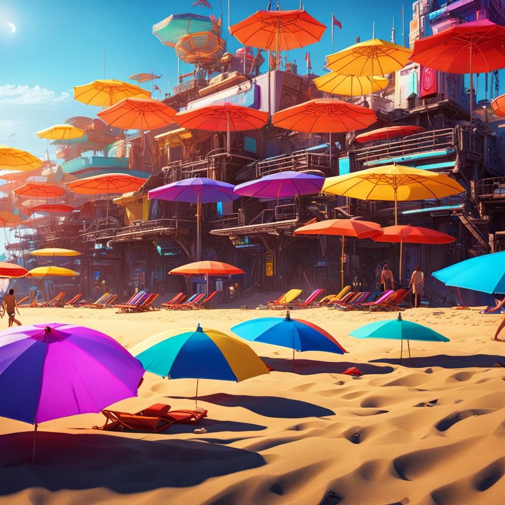 A Futuristic Beach Scene with Neon Colors and Intricate Mech...