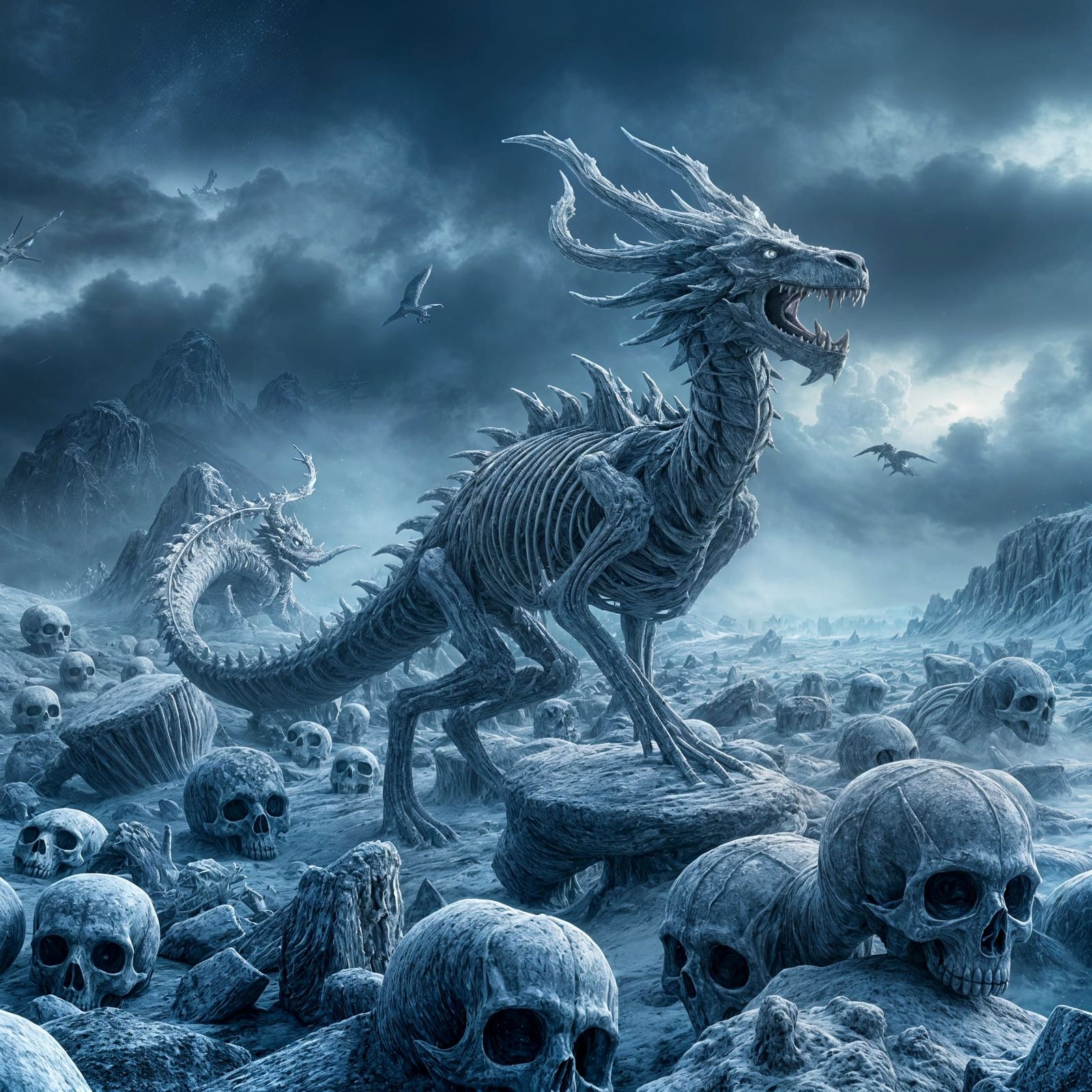 Frozen Dragon Skeleton in Mystical Realm