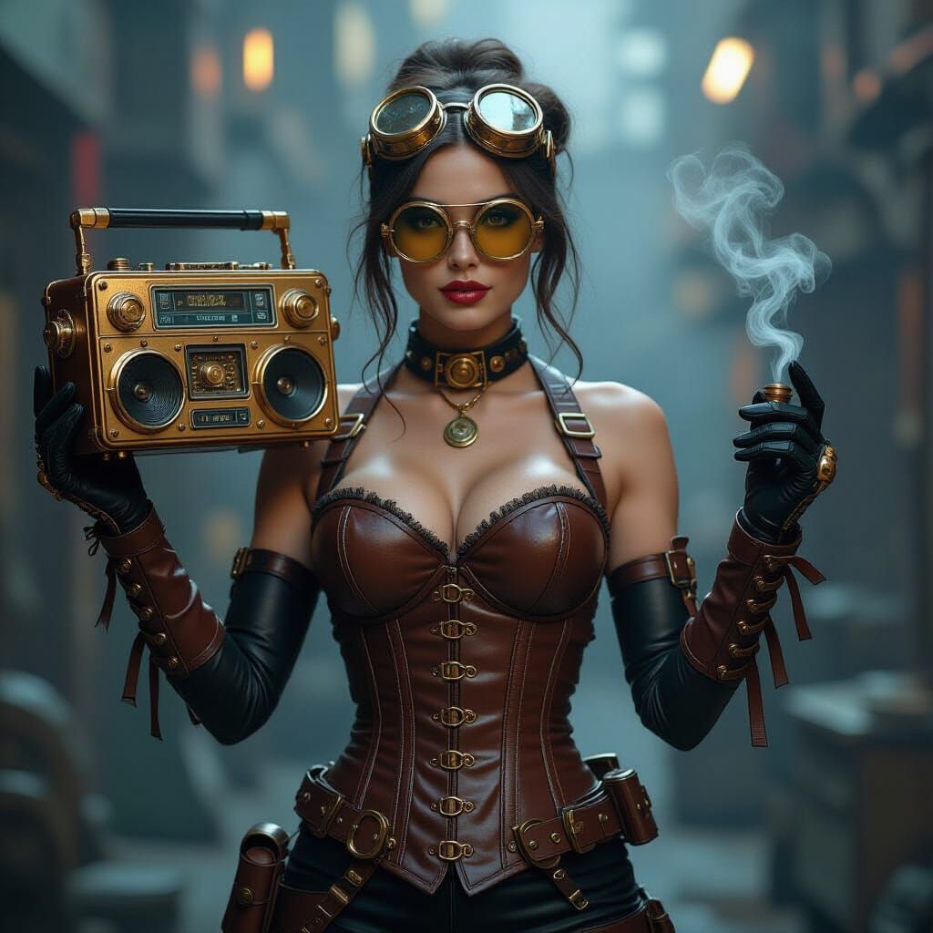 Steampunk Woman with Boombox in Industrial Setting