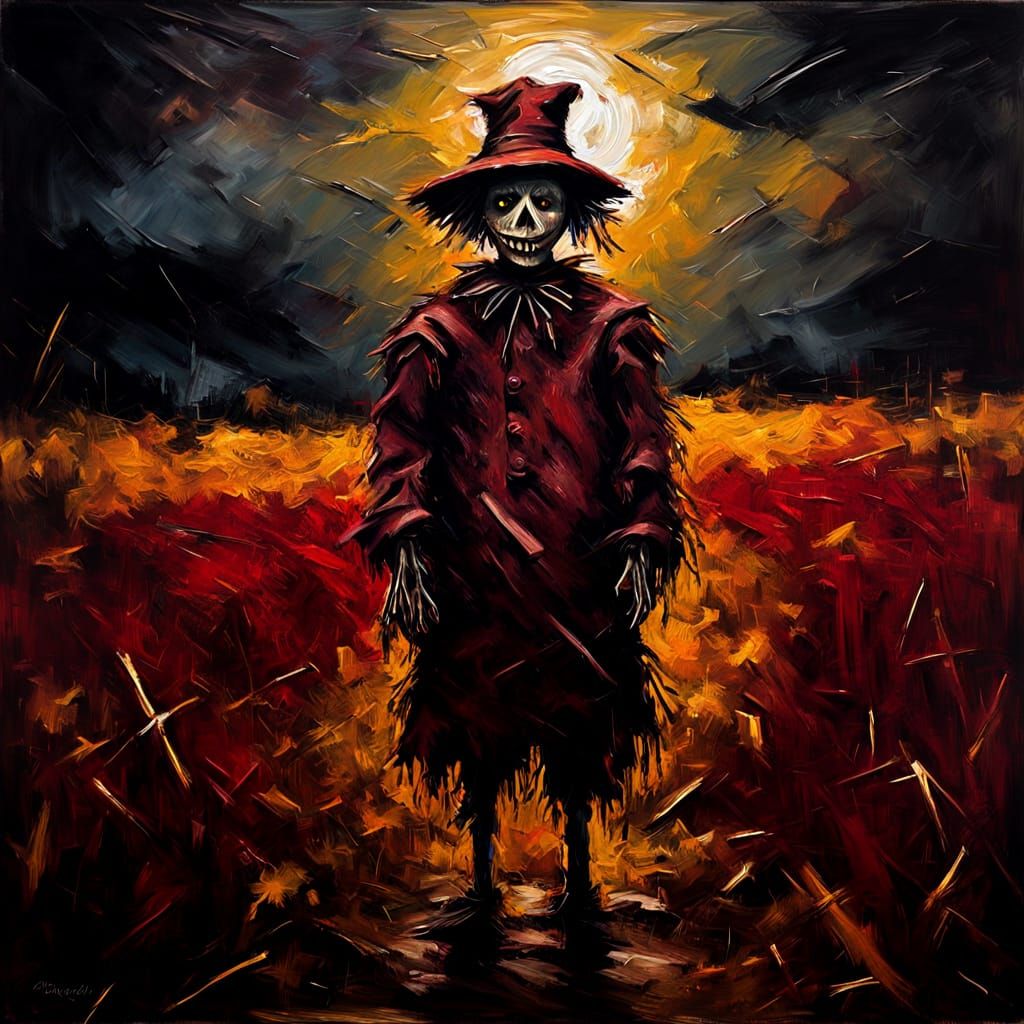 Creepy Scarecrow in Dark Field, Abstract Oil Painting