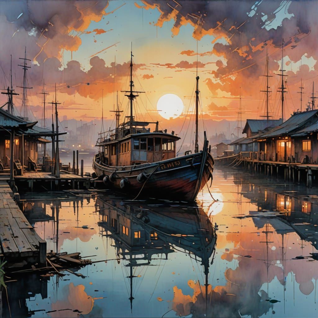 Sunset at the Dock: A Dreamlike Watercolour Scene