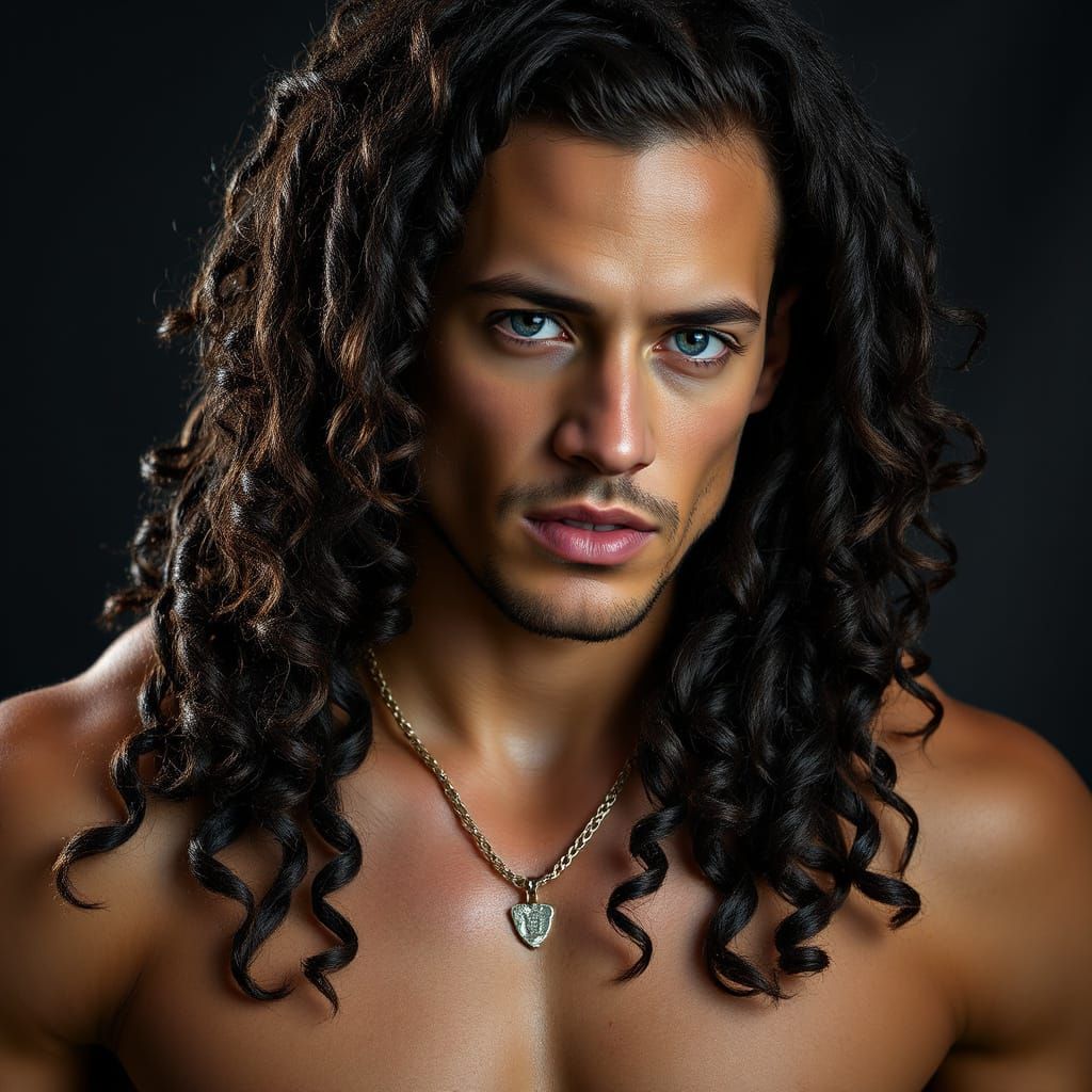 Muscular Man with Flowing Hair and Glowing Eyes
