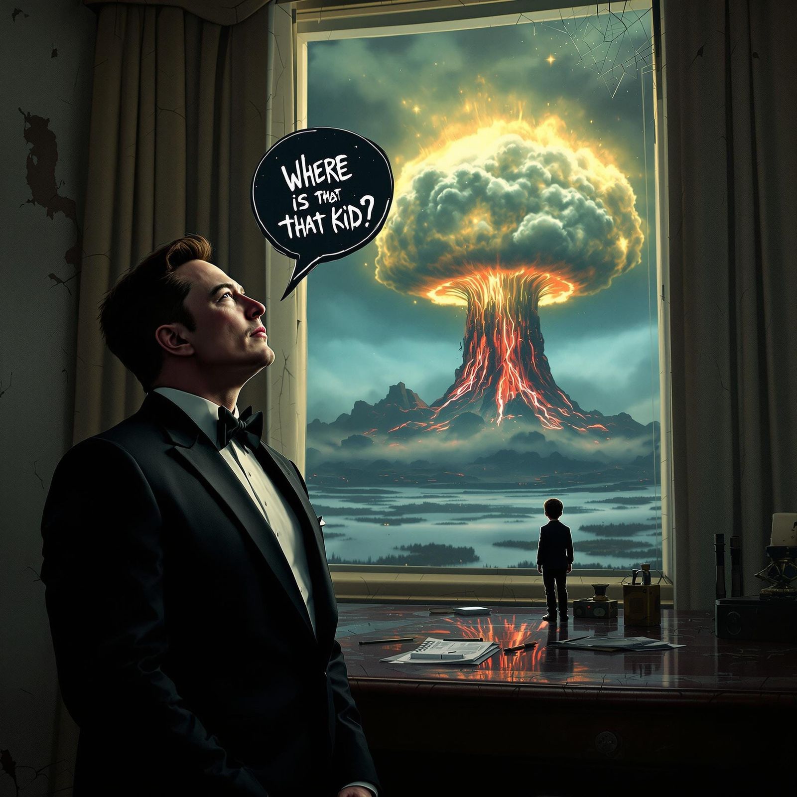 A imageof ELON MUSK in the Oval Office with a chat bubble ov...