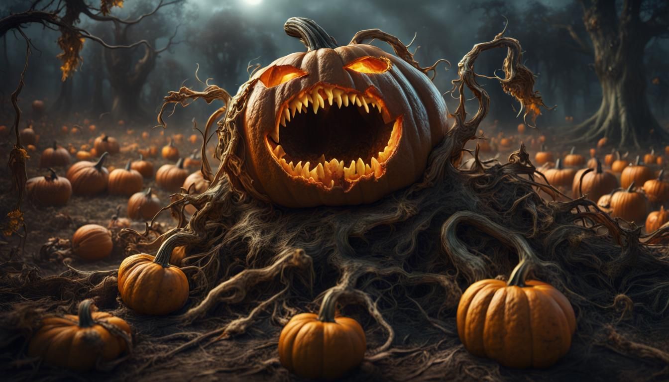 Undead Pumpkin Monster Oozing Seeds: Detailed Matte Painting