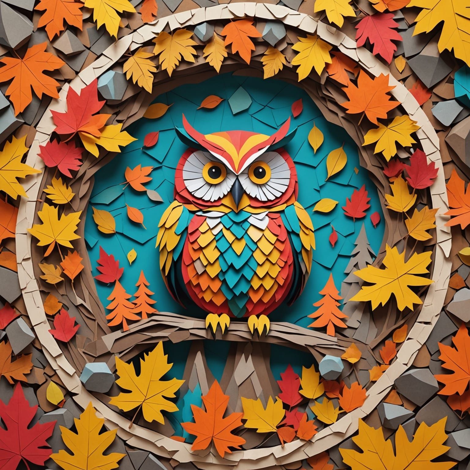 Vibrant 3D Owl Collage in Autumn Forest