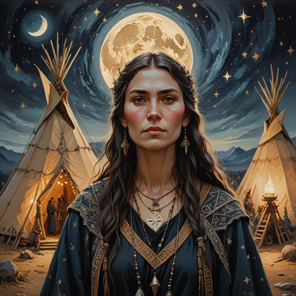 Slavic Witch in Tipi Under Cosmic Heaven as Oil Painting