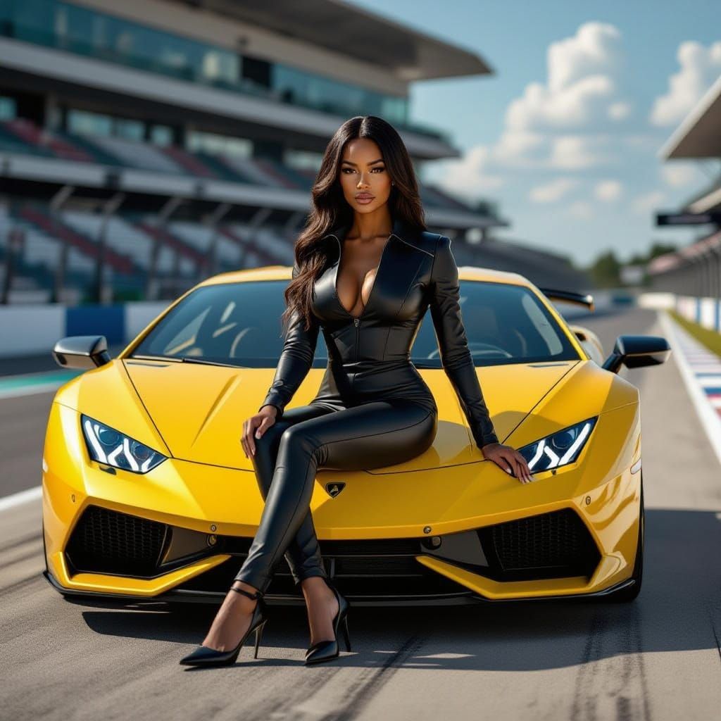 Woman Poses on Yellow Lamborghini at Race Track