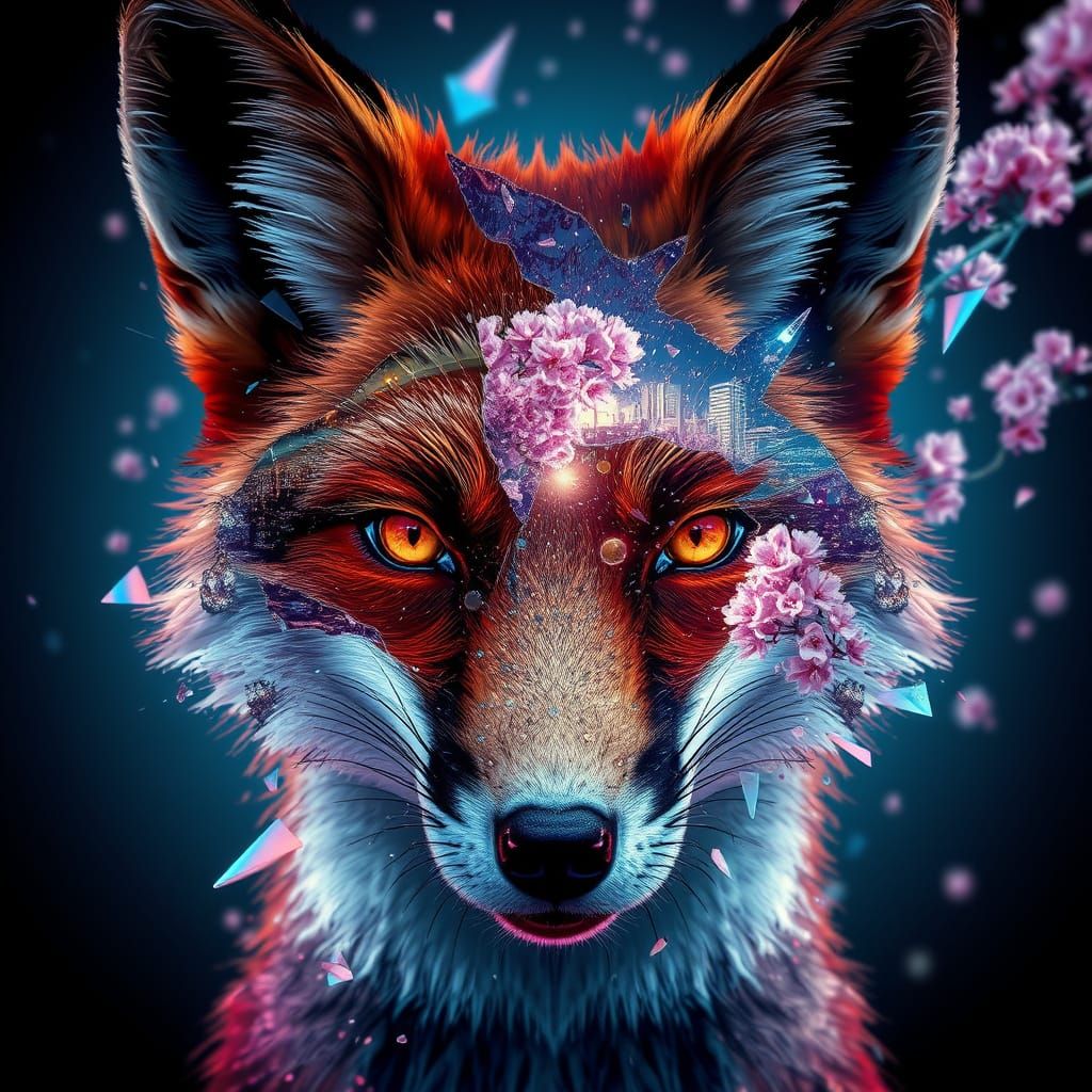 Digital Fox Portrait in Glitch Art Style