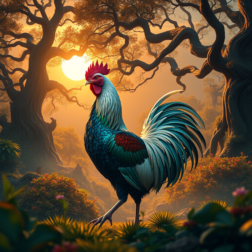Iridescent Chicken in Mystical Forest, Matte Painting