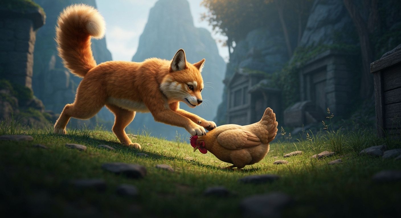Fox Ready to Catch Chicken in Detailed 3D Render