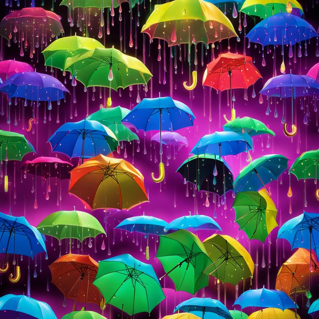 Fluorescent Water Droplets on Umbrella in Neon Lighting