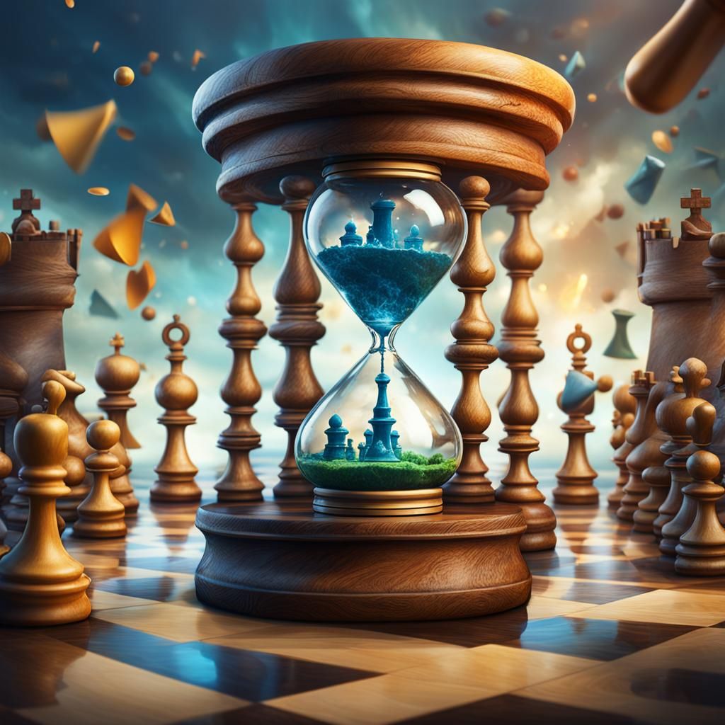 Hourglass Dominates Chess Game: Hyperrealistic Splash Art