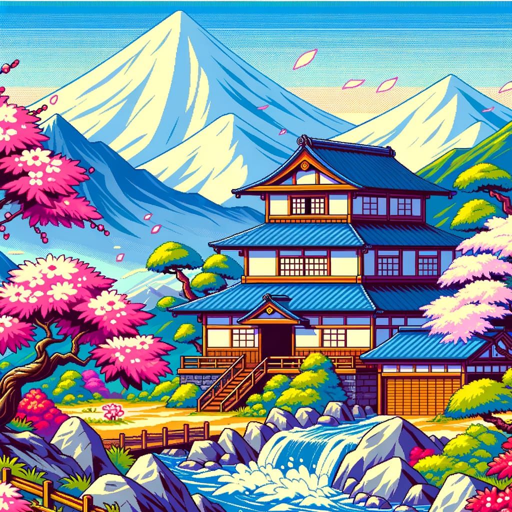 Japanese House with Cherry Blossoms in Cartoon Style