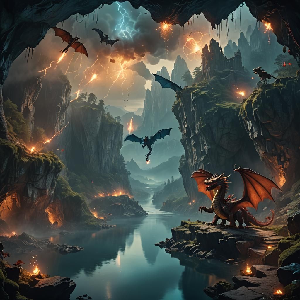 Dragon Cave with Underground Forest, Fantasy Matte Painting