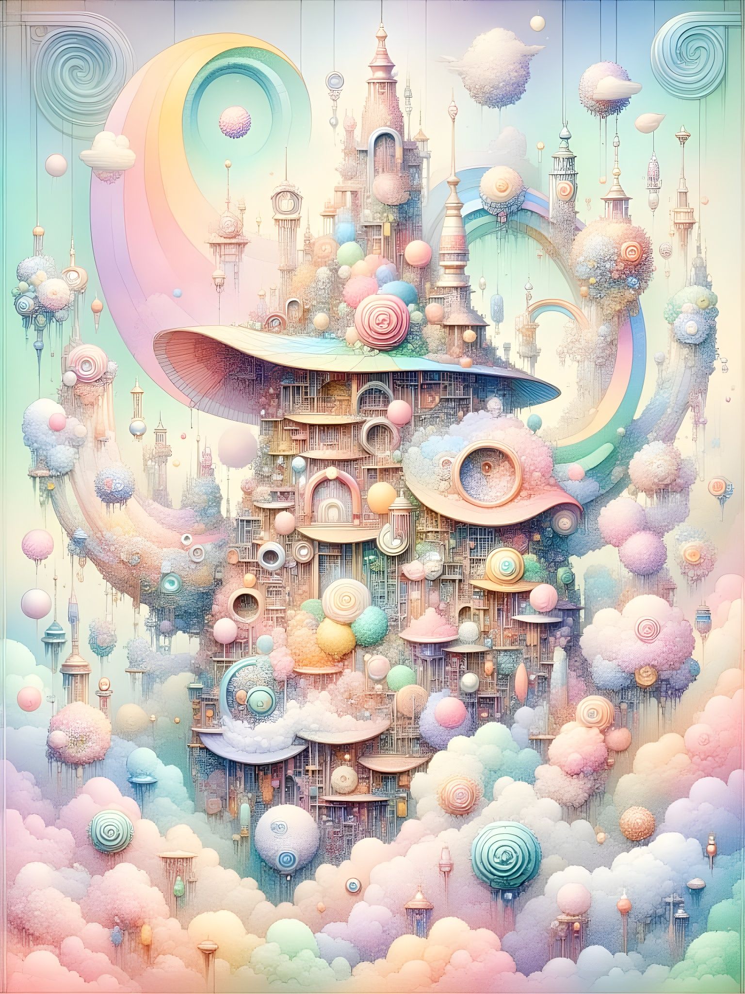 Pastel Cloud Creature Embraces Floating City