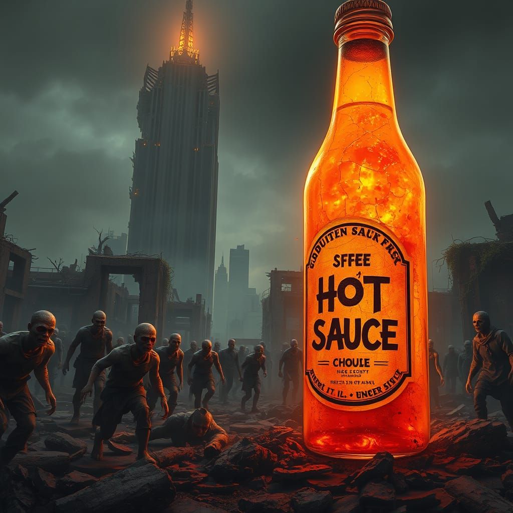 Apocalyptic Cityscape Dominated by Glowing Hot Sauce Bottle