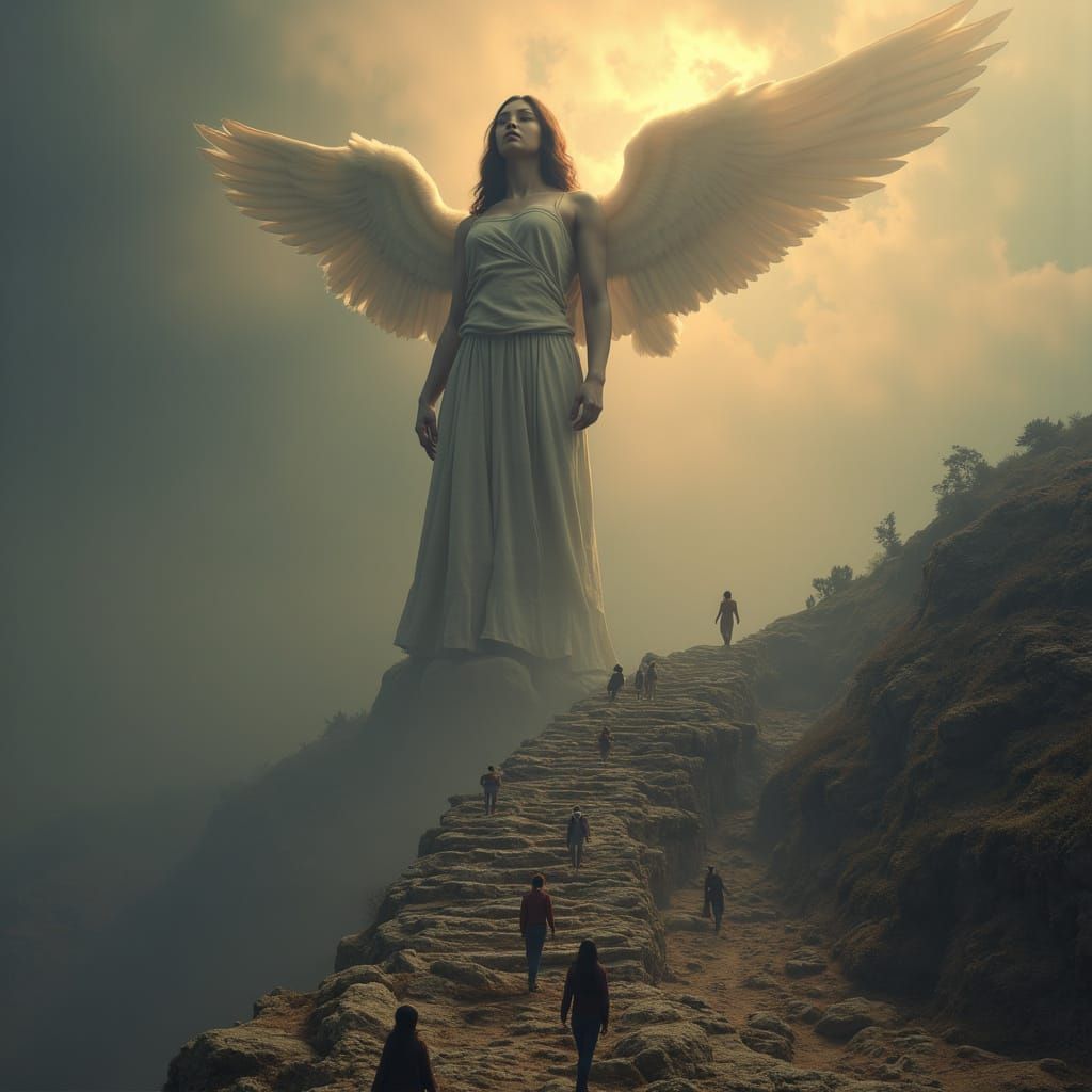 Photorealistic Giant Woman, Ascending Staircase