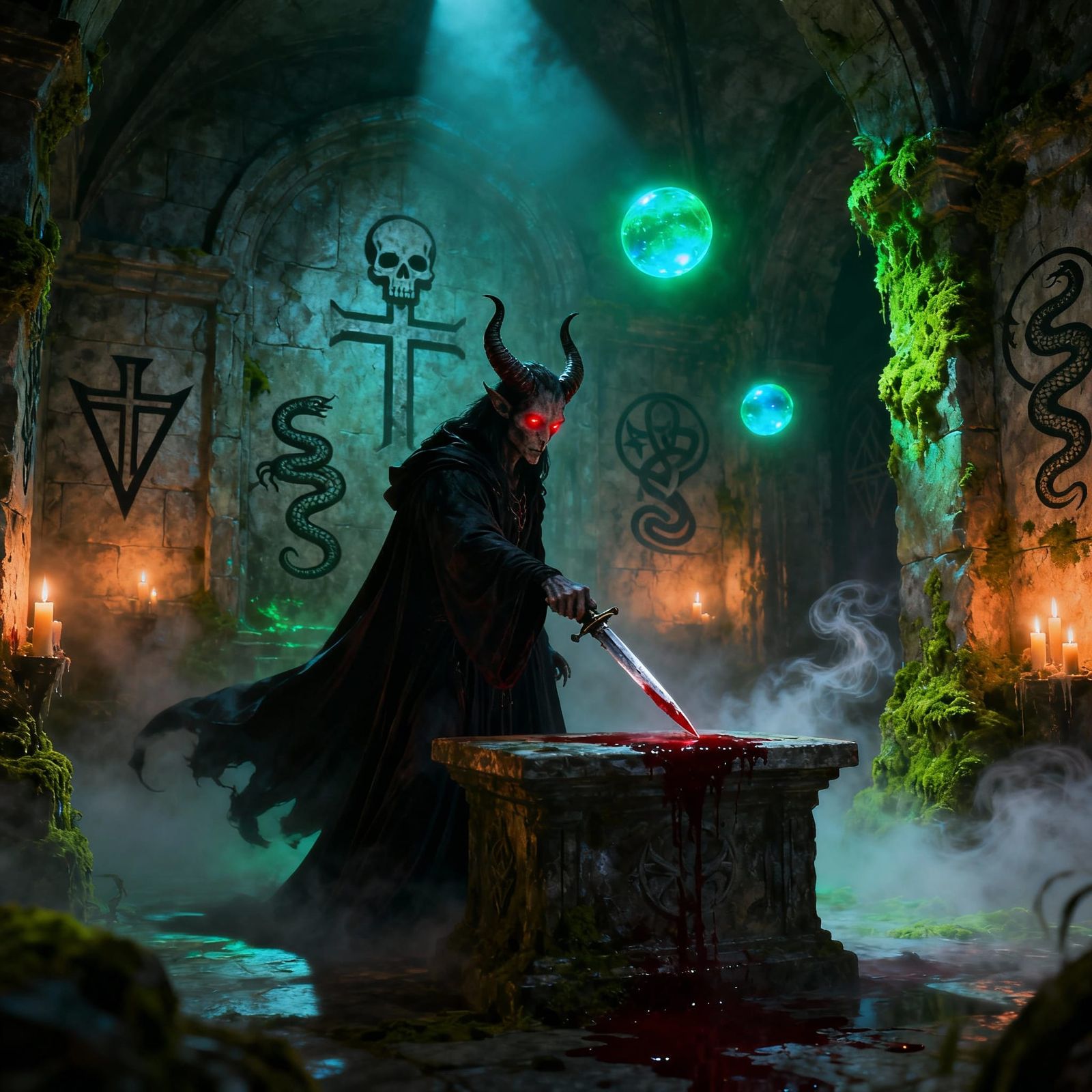 Sinister Ritual in Ethereal Mist-Shrouded Crypt