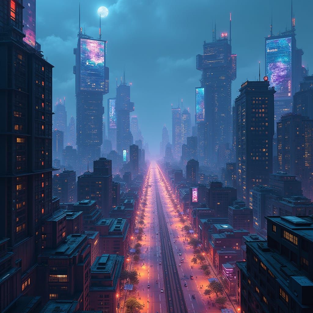 Futuristic Cityscape with Neon and Holographic Lights