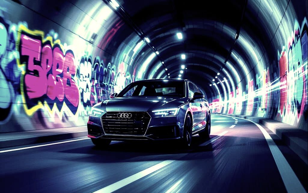 Audi A4 Drives Through Night Tunnel with Graffiti